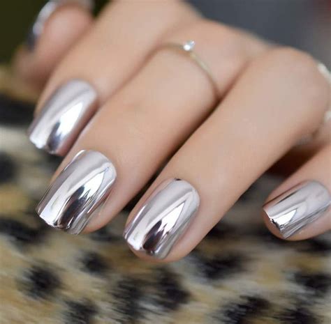 Silver Chrom Short Press On Nails False Square Nails Glossy Silver