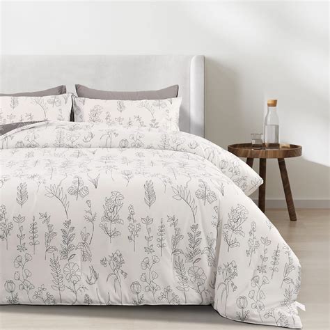 3 Piece Comforter Set Queen Reversible Gray And White Floral Botanical