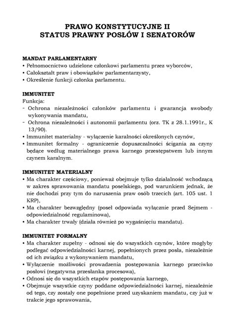 Status Prawny Posłów i Senatorów PRAWO KONSTYTUCYJNE II STATUS PRAWNY