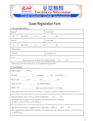 Fillable Online Guest Registration Form Sinoramaholidays Fax Email