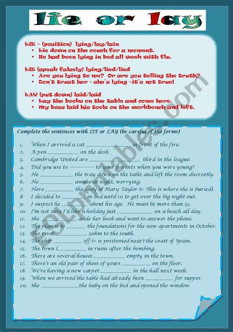 Lie And Lay Worksheet Troublesome Verbs Part Lay Lie Set Let Leave