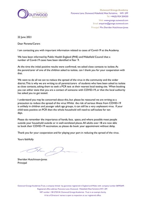 Letter To Parents Of Students Who Are Self Isolating Outwood Grange