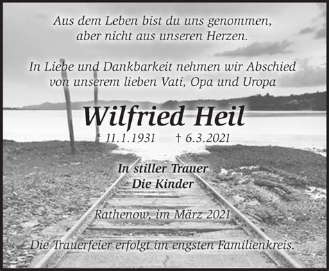 Traueranzeigen Von Wilfried Heil M Rkische Onlinezeitung Trauerportal