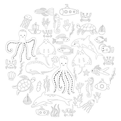 Premium Vector | Set of doodles of animals and plants of the underwater ...