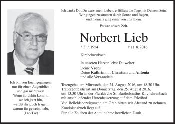 Norbert Lieb Traueranzeige Trauer InFranken De