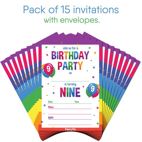 9 Year Old Birthday Party Invitations with Envelopes (15 Count) - Kids ...