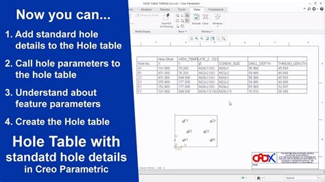 Hole Table For Thread Details Of Standard Hole In Creo Parametric Youtube