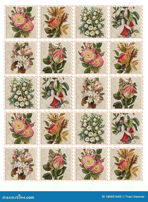 Vintage Faux Stamps Collage Sheet - Vintage Floral - Faux Postage Stamps Stock Illustration ...