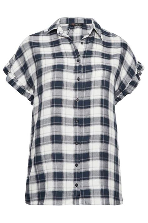 Yours Plus Size Navy Blue Check Print Frill Sleeve Collared Shirt