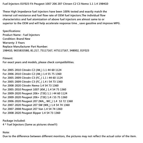 4PCS Fuel Injector 01F023 Fit Peugeot 1007 206 207 Fit Citroen C2 C3