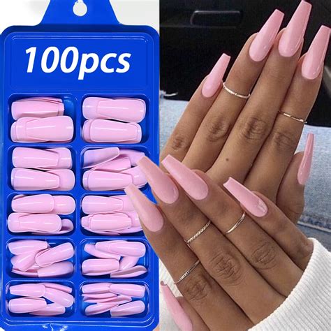 100pcs Pink Artificial Finger Nail Set Full Cover Long Ballerina Fake Nails Fake False Press On