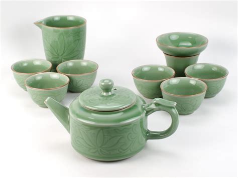 Longquan Kiln Lotus Celadon Tea Set Seven Cups