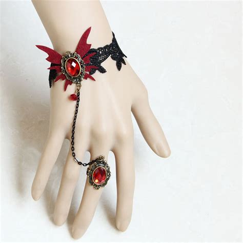 Gothic Black Floral Lace Wristband Ruby Bracelet With Ring J