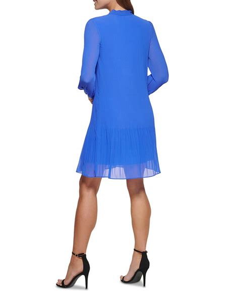 Dkny Long Sleeve Tie Neck Pleated Shift Dress And Reviews Dresses