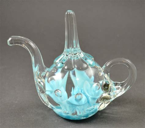 Joe St Clair Art Glass Ring Holder Light Blue Aqua Floral Teapot