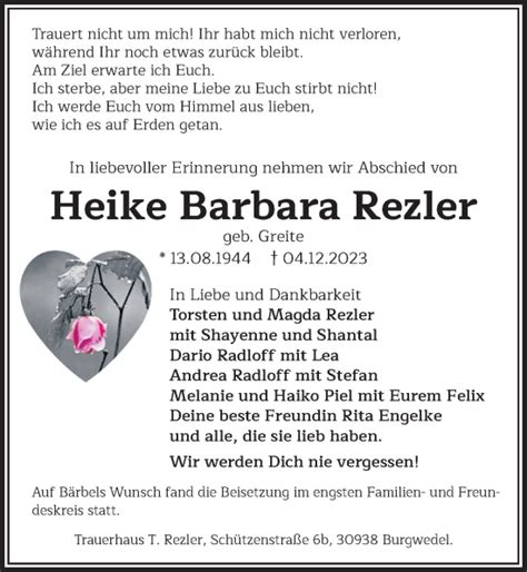 Traueranzeigen Von Heike Barbara Rezler Trauer Anzeigen De