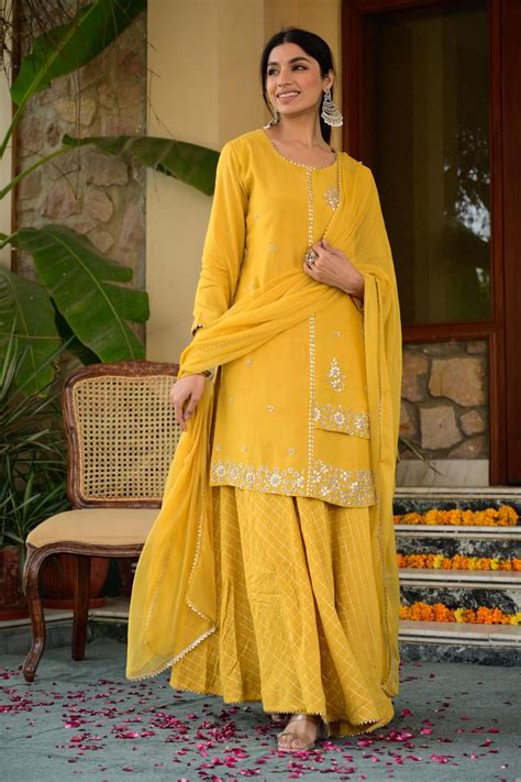 Yellow Kurta Set With Sharara And Dupatta In Pure Dola Silk Fabric With