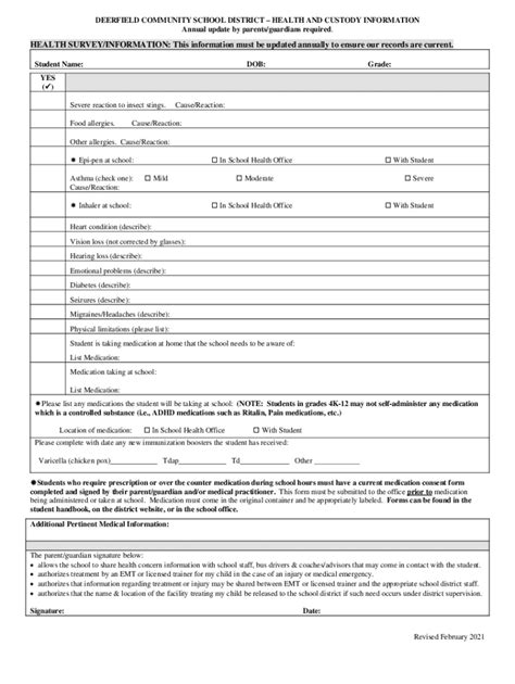 Fillable Online Annual Health And Custody Forms Deerfield Community