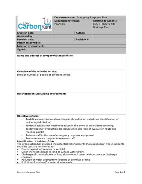 Emergency Response Plan template