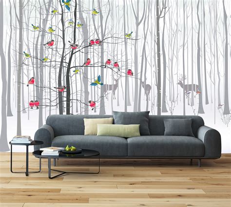 Bird Wallpaper Wall Mural of Trees and Deers Modern Home Decor For ...