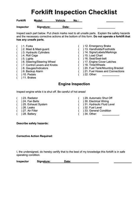 Forklift Inspection Checklist Printable Pdf Download