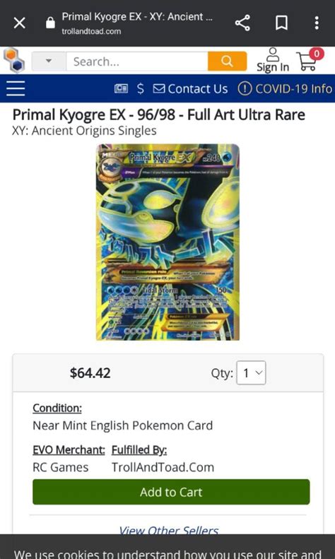 Pokemon TCG Mega Primal Kyogre Ex XY Ancient Origins Shiny Full Art