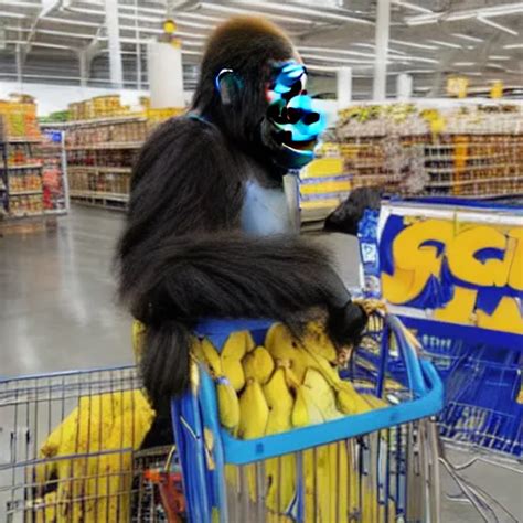 A Woman In A Gorilla Suit With A Shopping Cart Filled Stable