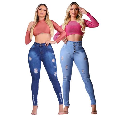 kit 2 Peças Calça Jeans Feminina Skinny Cintura Alta Lycra Empina