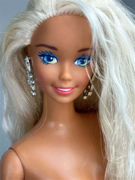 Vintage Nude Barbie Doll Long Platinum Curly Hair Yellow Blue Eyes