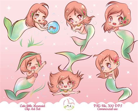 Mermaid Clipart Mermaid Clip Art Set Sublimation Designs Cute Mermaids Clip Art Cute Kawaii