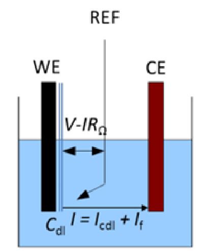 A three-electrode setup with the illustration of the ohmic drop and the ...