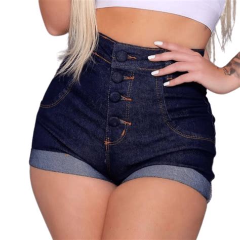 Short Jeans Feminino Cintura Alta Botões Levanta Bumbum no Shoptime