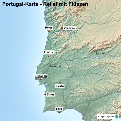 StepMap Landkarte Portugal Karte mit Relief und Flüssen Landkarte