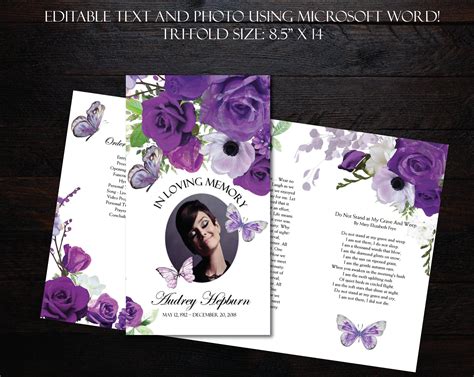 Lavender peony butterflies 11 x 17 ledger printable memorial program