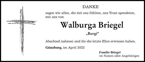 Traueranzeigen Von Walburga Briegel Augsburger Allgemeine Zeitung