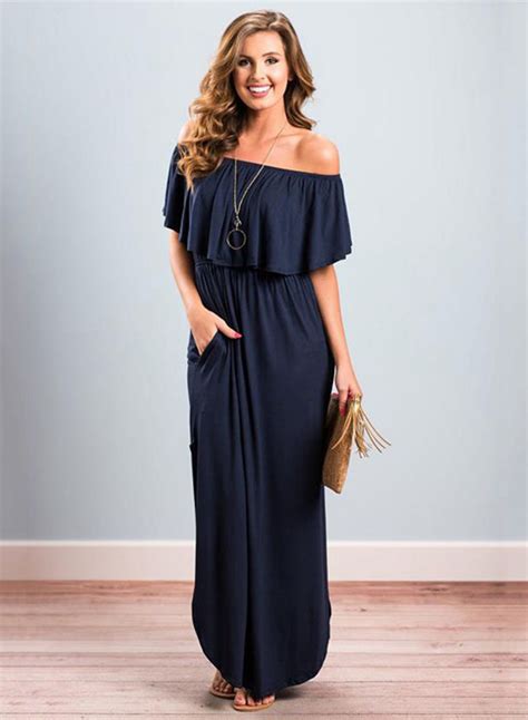 Women S Boho Off Shoulder Short Sleeve Ruffle Solid Maxi Dress With Pockets