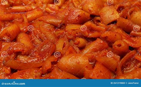 Tteokbokki Or Spicy Rice Cakes South Korean Food In Chilli Tomato