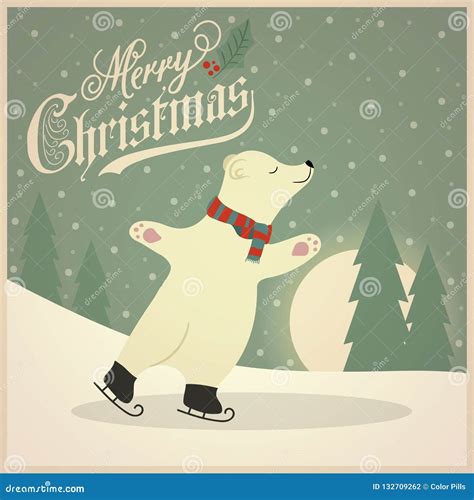 Beautiful Retro Christmas Card With Polar Bear Stock Vector