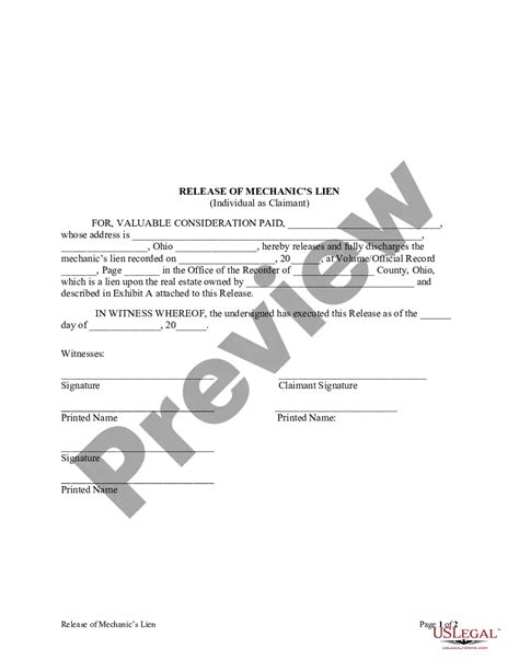 Ohio Mechanics Lien Waiver Form US Legal Forms