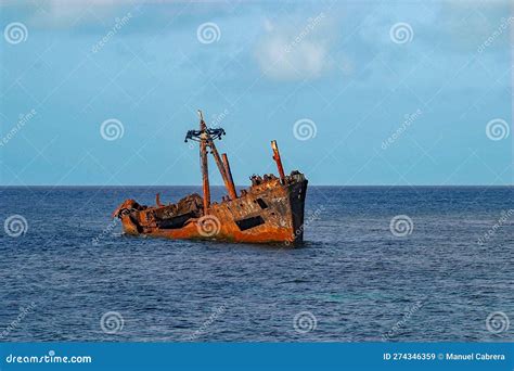 Sunked Ship In A River Old Abandoned Wrecked Ship Riverside Landscape