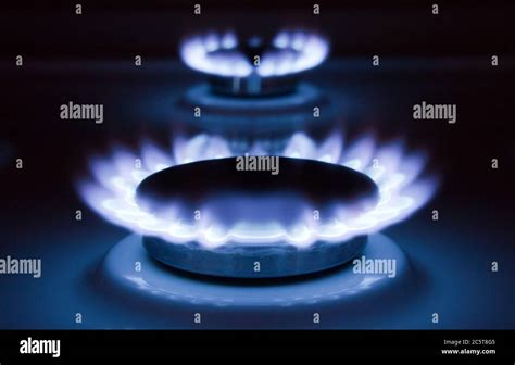 Blue Flames Of A Burning Natural Gas Gas Cooker In Action Stock Photo