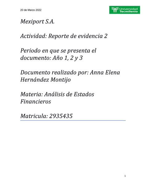 Evidencia De An Lisis De Estados Financieros Del Canvas Mexiport S