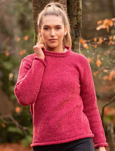 Ladies Roll Neck Sweater Pink Aran Sweater Market