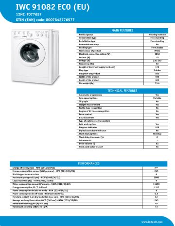 Indesit Iwc Eco Eu Washing Machine Product Data Sheet Manualzz