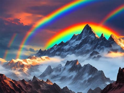 Increíble vista de paisajes de montaña con arco iris en la ilustración