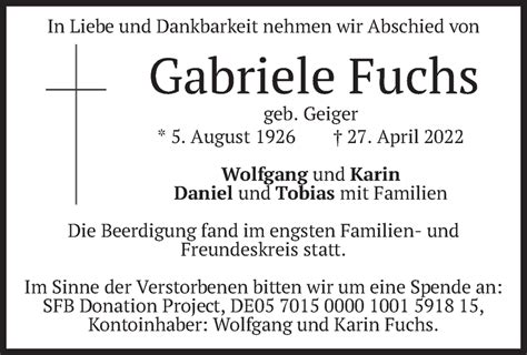 Traueranzeigen Von Gabriele Fuchs Trauer Merkur De