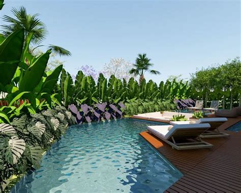 An Outdoor Swimming Pool With Lounge Chairs And Palm Trees