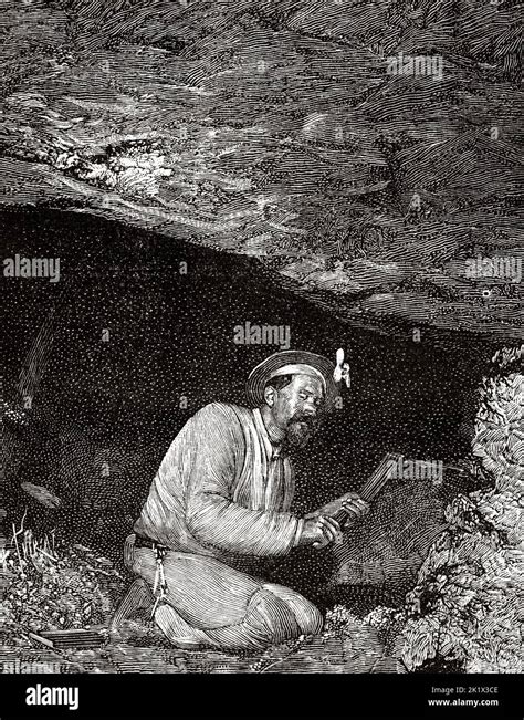 Nord-Pas de Calais Mining Basin, miner with pickaxe in hand, France. Old 19th century engraved ...