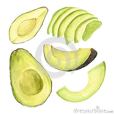 Watercolor Illustration Of A Set Of Avocados Hass In Different Angles