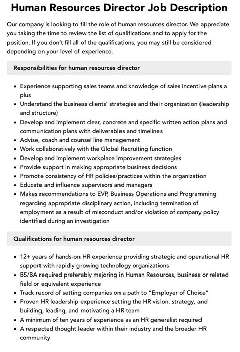 Human Resources Director Job Description Velvet Jobs